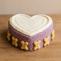 A signature dog cake with purple color and heart shape.